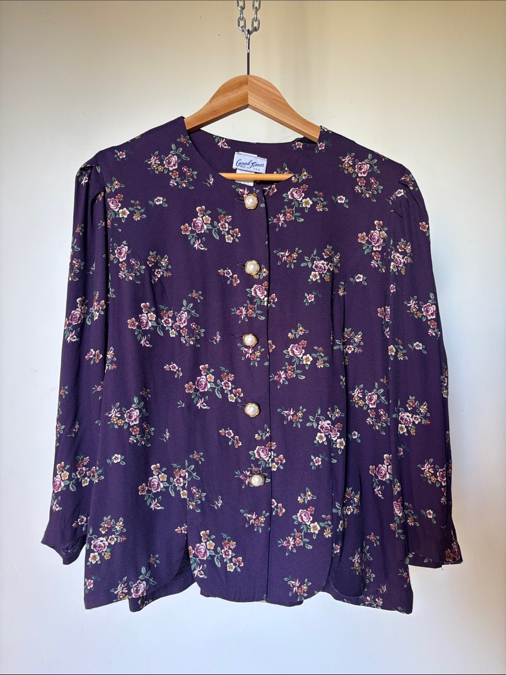 Vintage Cottagecore Blouse Purple Floral Pearl-Button Size Vtg 12